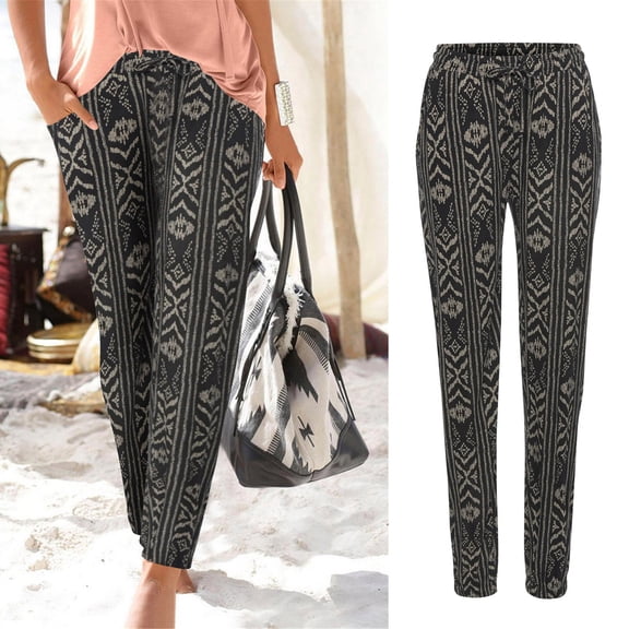 KDFJPTH Bohemian Geometric Print Jogger Pants for Women Elastic Waist Tribal Pattern Casual Trousers with Pockets Khaki L