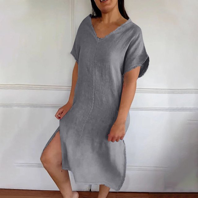 Ndbuld Robes d'Été pour Filles Mode Robe d'Été Décontractée pour Femmes Col en V Manches Courtes Unie Robe de Plage Robe à Fente Liquidation à Moins de 5 $