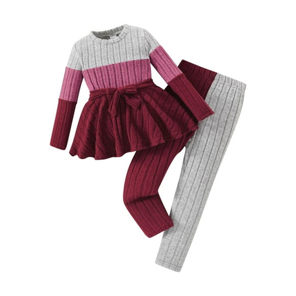 Odeerbi 3-10 Años Niñas Conjuntos Color Block Rib Punto Manga Larga Tops Pantalón Conjunto Dos Piezas