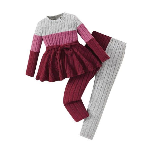 Odeerbi 3-10 Años Niñas Conjuntos Color Block Rib Punto Manga Larga Tops Pantalón Conjunto Dos Piezas