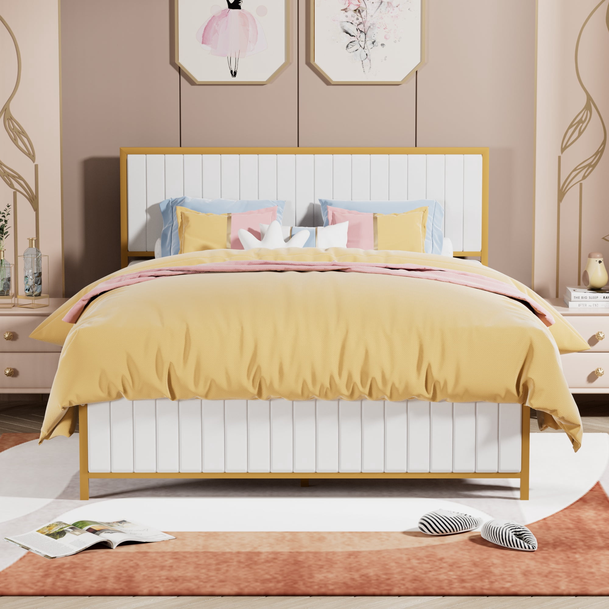 VECELO Queen Size Metal Platform Bed Frame, Modern Upholstered Bed Frame with Velvet Tufted Headboard and Footboard, No Box Spring Needed, Gold & Beige
