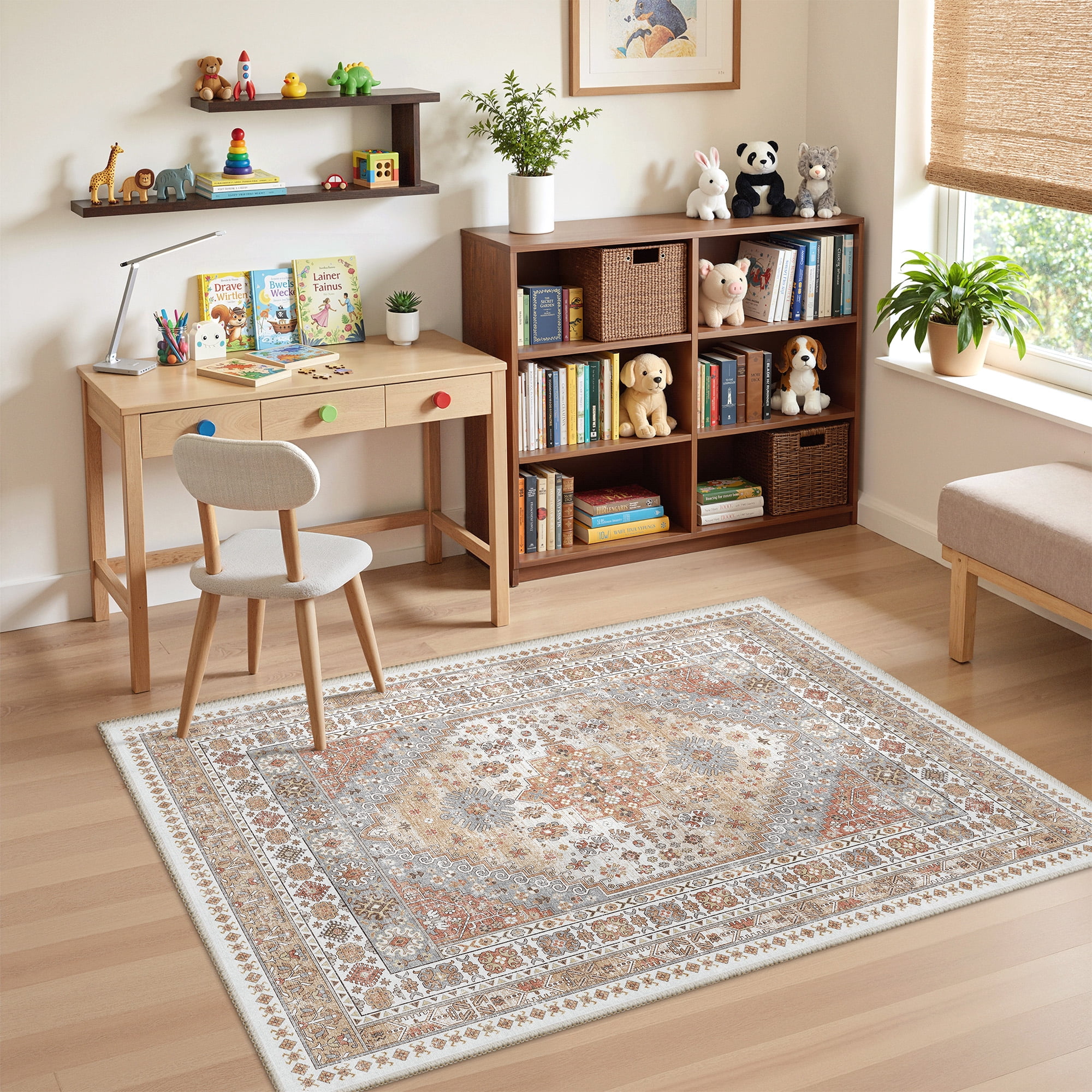 Roxstand Washable Area Rugs 3x5, Stain Resistant Lightweight Vintage Rugs for Living Room, Non Skid Farmhouse Bedroom Rugs(3'x5', Vintage03-Orange)