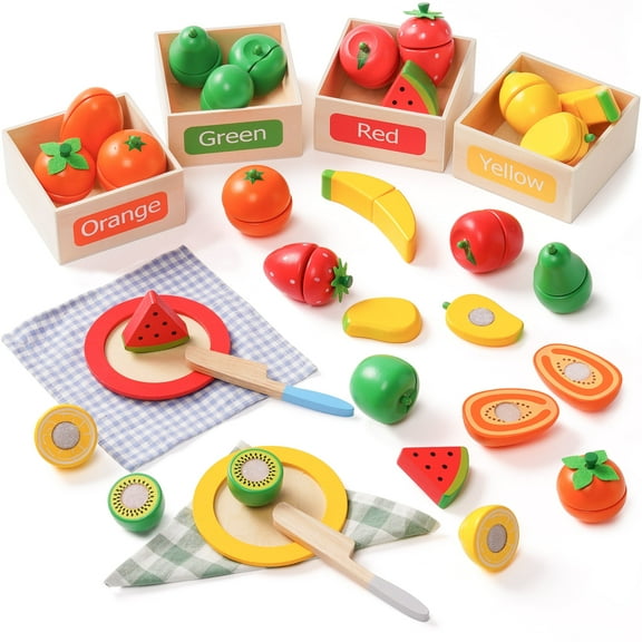 Robud Wooden Play Food for Toddlers, Fruit and Veggies Cutting Box Set for Kids, Pretend Food Play Kitchen Accessories for 3 4 5 6 7 Years Old Boys & Girls