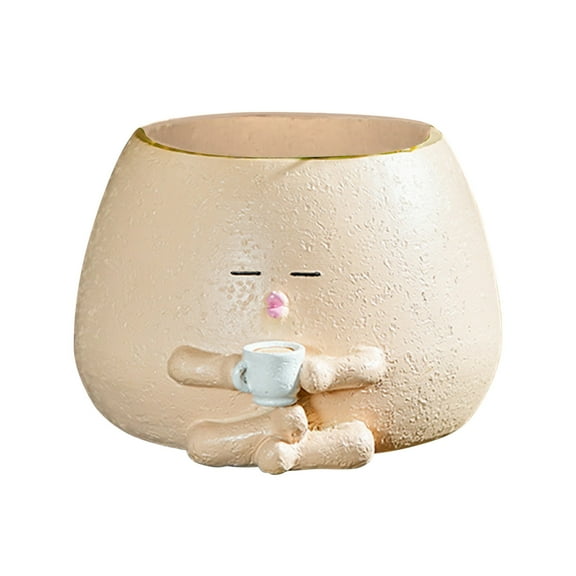 Btomtd Cute Pouting Face Flower Pot with Drainage Holes, Coffee Mug Shaped Planter for Succulents, Unique Gift Idea and Desktop Plant Pots, Beige