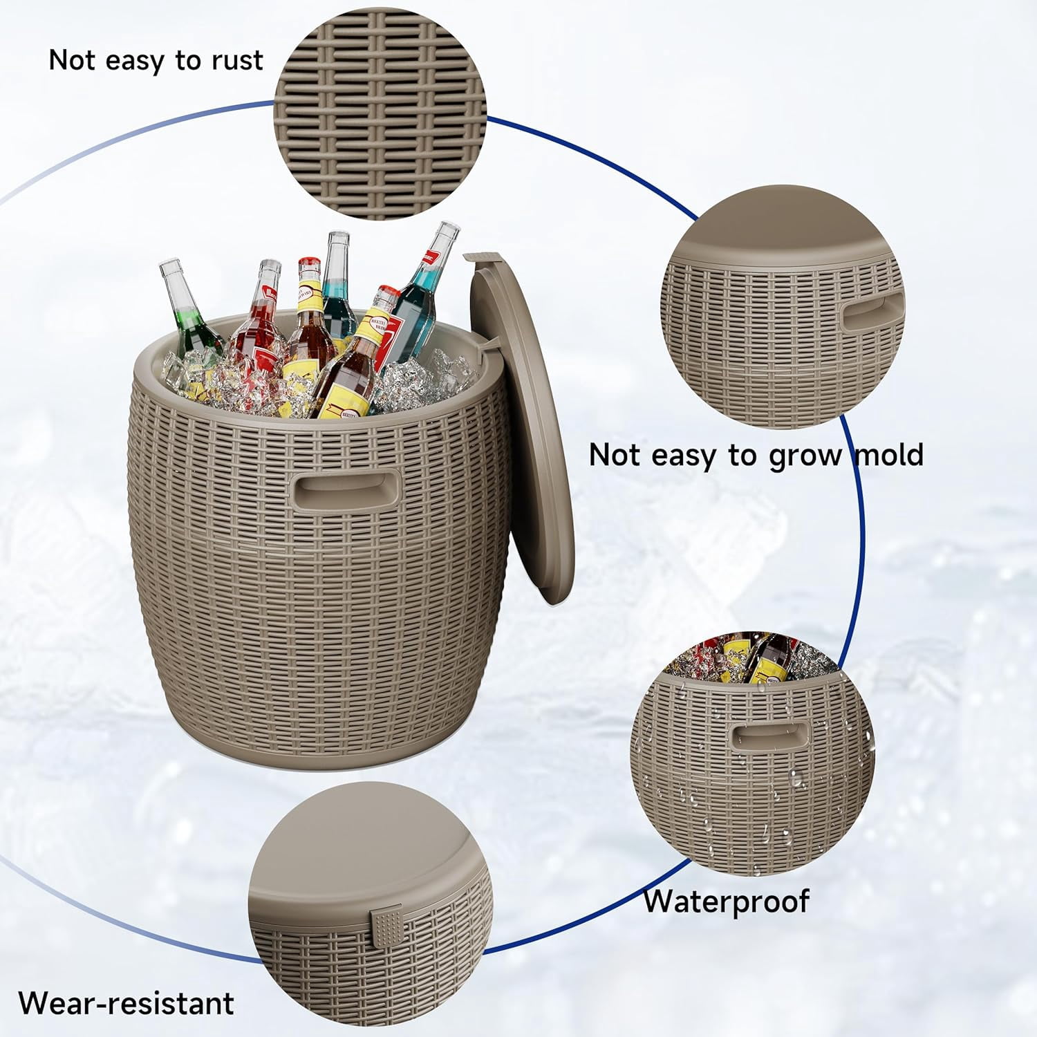 36L/9.5Gal Resin Cooler – Insulated, Weatherproof, Rattan – Easy-Drain, 110lbs, Parties/BBQs (Gray)