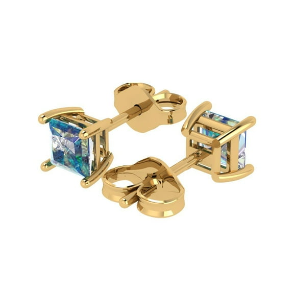 1.5 Ct Princess Cut Studs Blue Moissanite 18K Yellow Solid Solid Gold Everyday Dainty Earrings Push Back