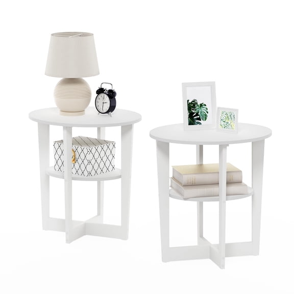 Plain White Furinno 2-Tier Side Table, Modern White End Table with Open