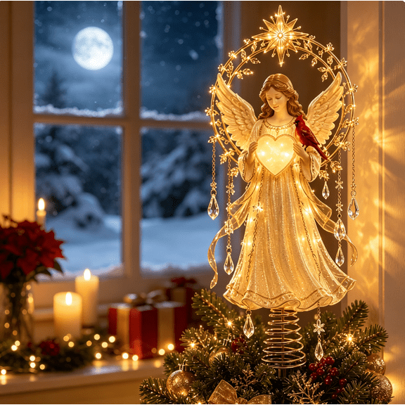 Lighted Memorial Christmas Tree Topper Collection with Warm Glow and Crystal-Inspired Accents, for Christmas Tree Decor (Memorial Angel)
