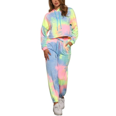 Allegra K Women s Tie Dye Sweatsuits Pullover Hoodie Sweatshirt Drawstring Jogging 2 Piece Tracksuit Outfit Set S Yellow Blue