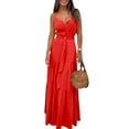thumbnail image 6 of GENEMA Women Summer Spaghetti Strap Sexy V-Neck Button Maxi Long Dress Belted High Waist Solid Color Ruffled Flared Hem Beach Sundress, 6 of 14