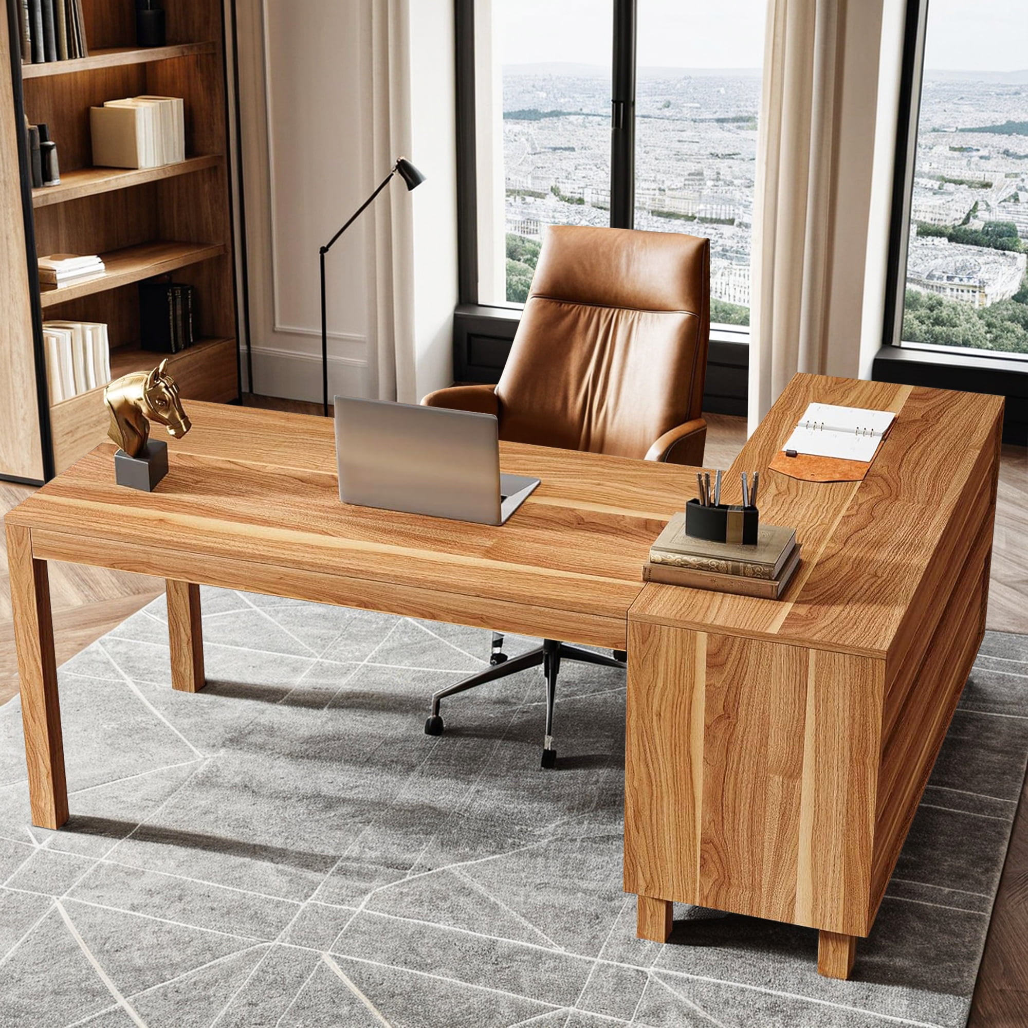 Demi Bonn Modern L Shaped Gaming Computer Desk, 59" Corner Executive Desk with Storage Cabinet for Home Office, Brown