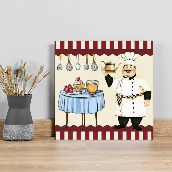 Chef Wall Art Painting on Canvas, Red Fruit Cake Hat Kitchen Gourmet Vintage Canvas Art Home Prints Wall Art Framed Modern Artwork for Living Room Bedroom Wall Decor 8x8in