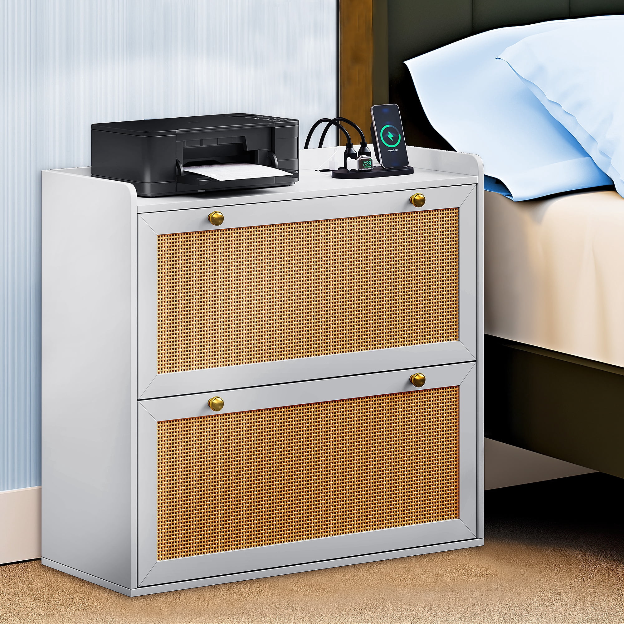 Dextrus Rattan 2 Drawer File Cabinet with Charging Station, Wood Lateral Filing Cabinet Printer Stand Fits A4 Letter Legal Size Files, White