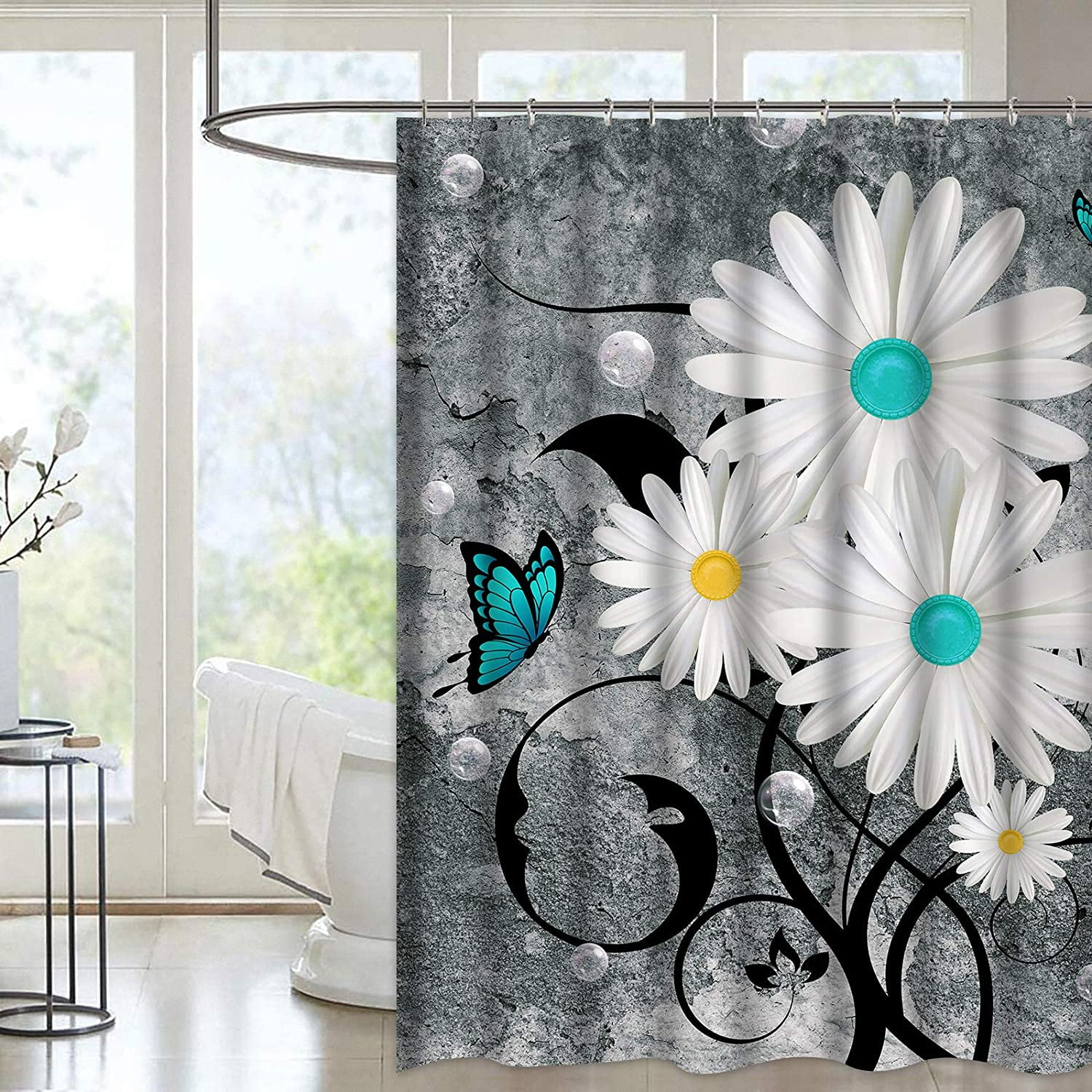 White Daisy Shower Curtain, Floral Butterfly Shower Curtain for