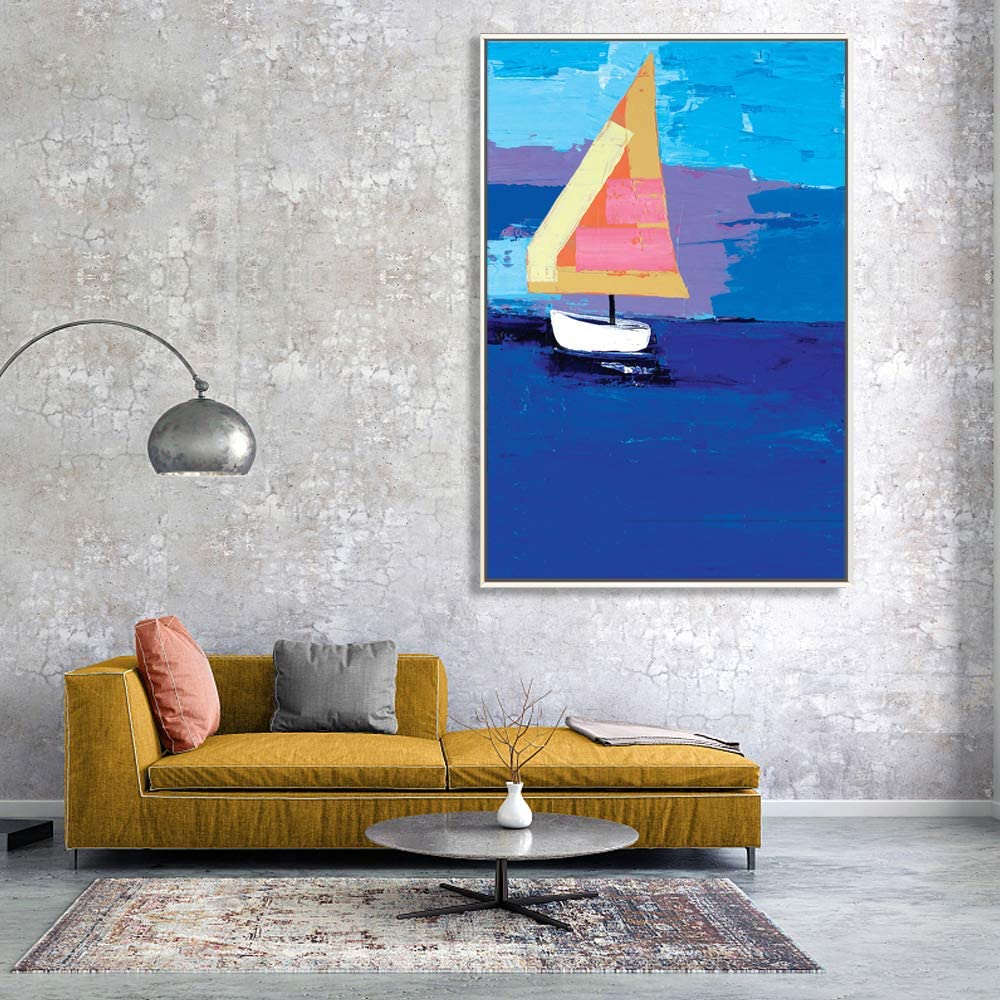IDEA4WALL Framed Canvas Wall Art Minimalist Abstract Sailboat on the Sea  Painting Prints for Modern Home Decoration Ready to Hang 24x36 inches 