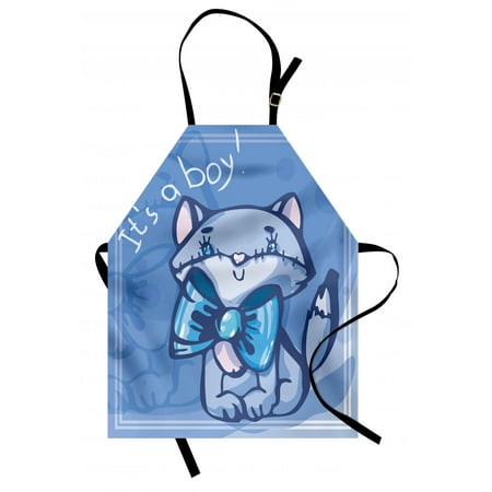 - Gender Reveal Apron Cute Kitty Bow Tie It's Boy Quote Baby Shower Theme New Son Family Design, Unisex Kitchen Bib Apron with Adjustable Neck for Cooking Baking Gardening, Violet Blue, by Ambesonne