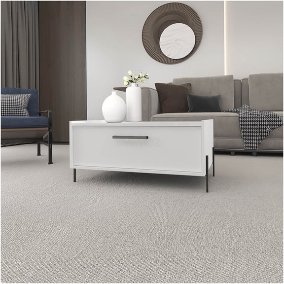 White Modern Coffee Table with Storage Shelf, Engineered Wood Console Table for Living Room, Sofa Table with Metal Legs