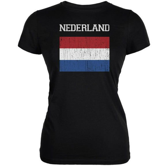 World Cup Distressed Flag Nederland Black Juniors Soft T-Shirt - Medium