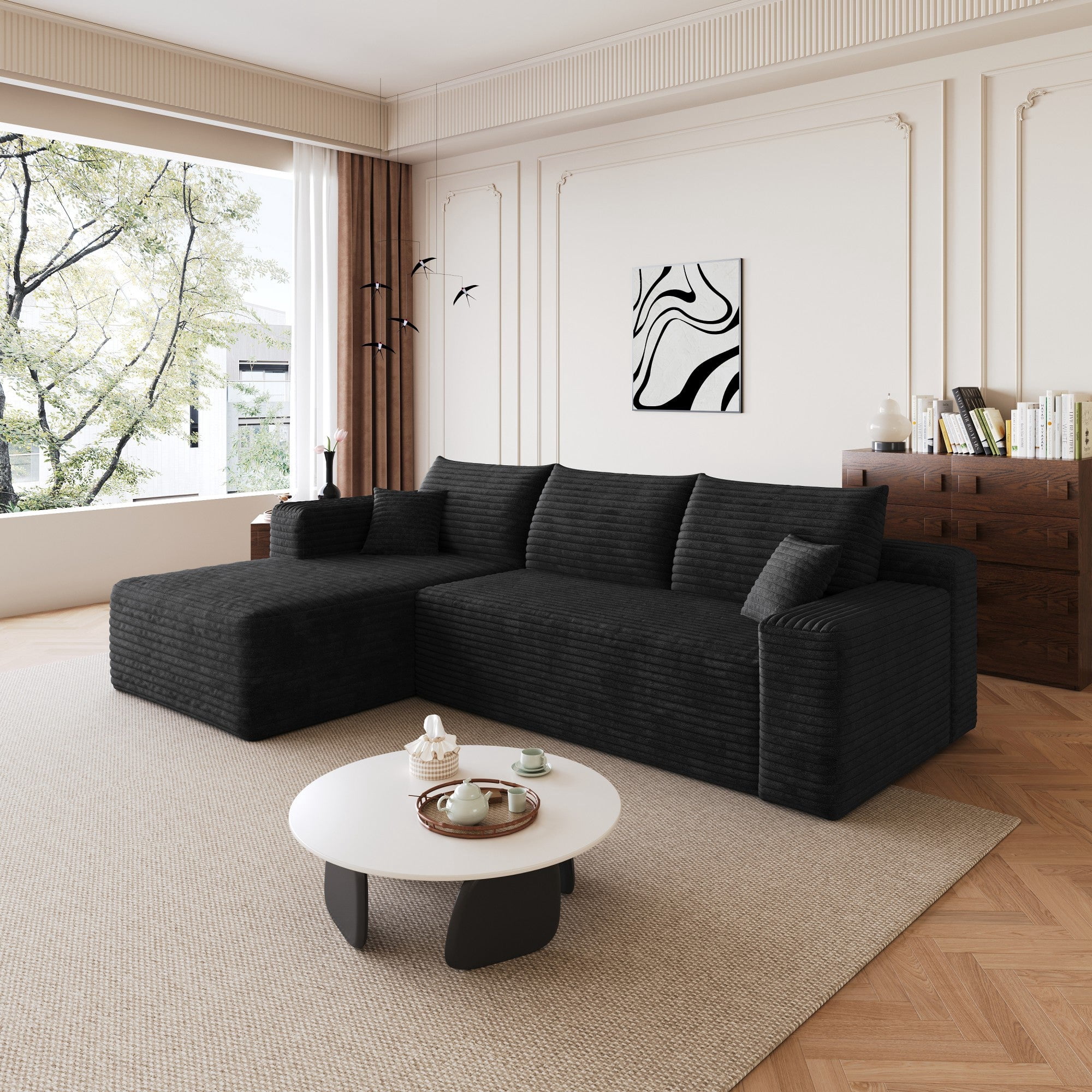 Sailvan 95" Cloud Sectional Sofa - Modern U-Shaped Modular Couch with Deep Seats - Plush Corduroy Fabric - No Assembly Required Black Left