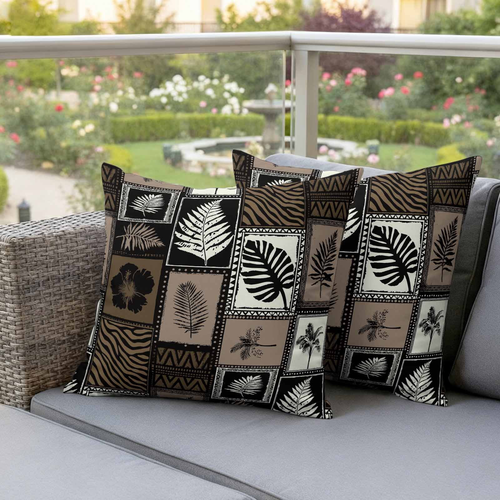 Tropical Summer Boho Outdoor Pillow Covers Set of 2 Monstera Fern Palm Leaf Hibiscus Brown Waterproof Throw Pillow Cover Decorative Cushion Cases for Patio Porch Garden 16X16 Inch
