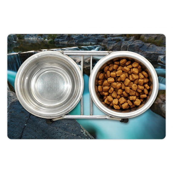 Landscape Pet Mat for Food and Water, Waterfall Basalt Rocks Rural Scenery National Park Nature Woods Photo, Non-Slip Rubber Mat for Dogs and Cats, 18" X 12", by Ambesonne