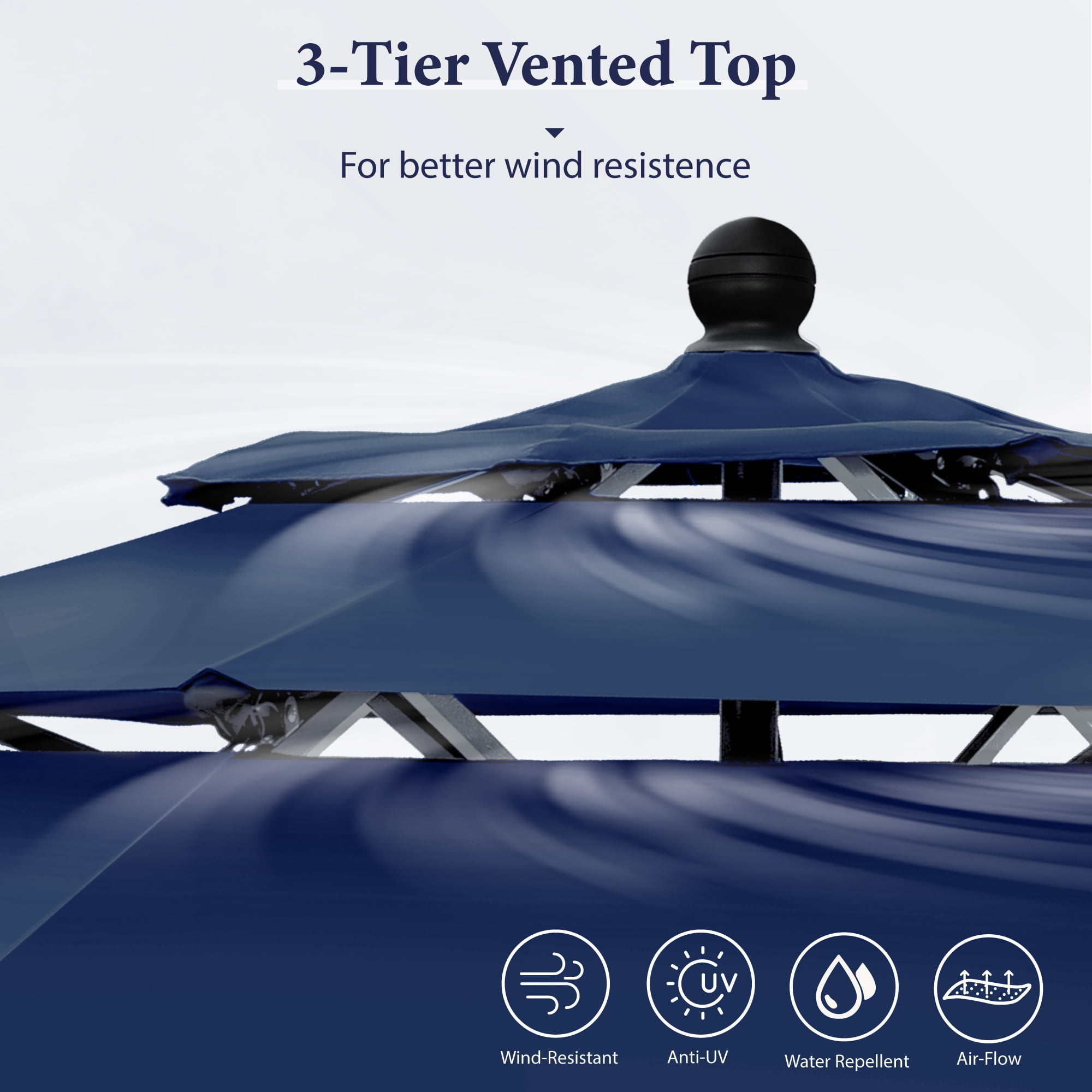 SUMMIT LIVING 10ft Patio Umbrella 3-Tier Vented Outdoor Market Table Umbrella with Auto-Tilt – Navy Blue
