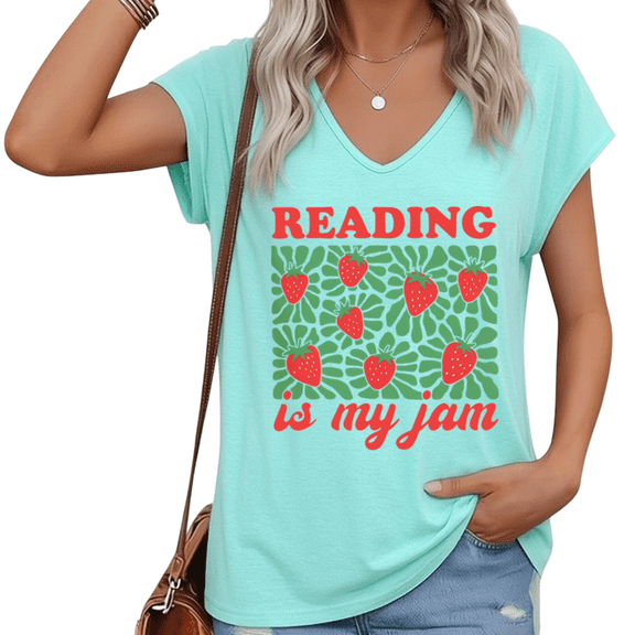 UNISHE Women's Reading Is My Jam V-Neck Short Sleeve T-Shirt Strawberry Book Lover Graphic Tee S-5XL Blue