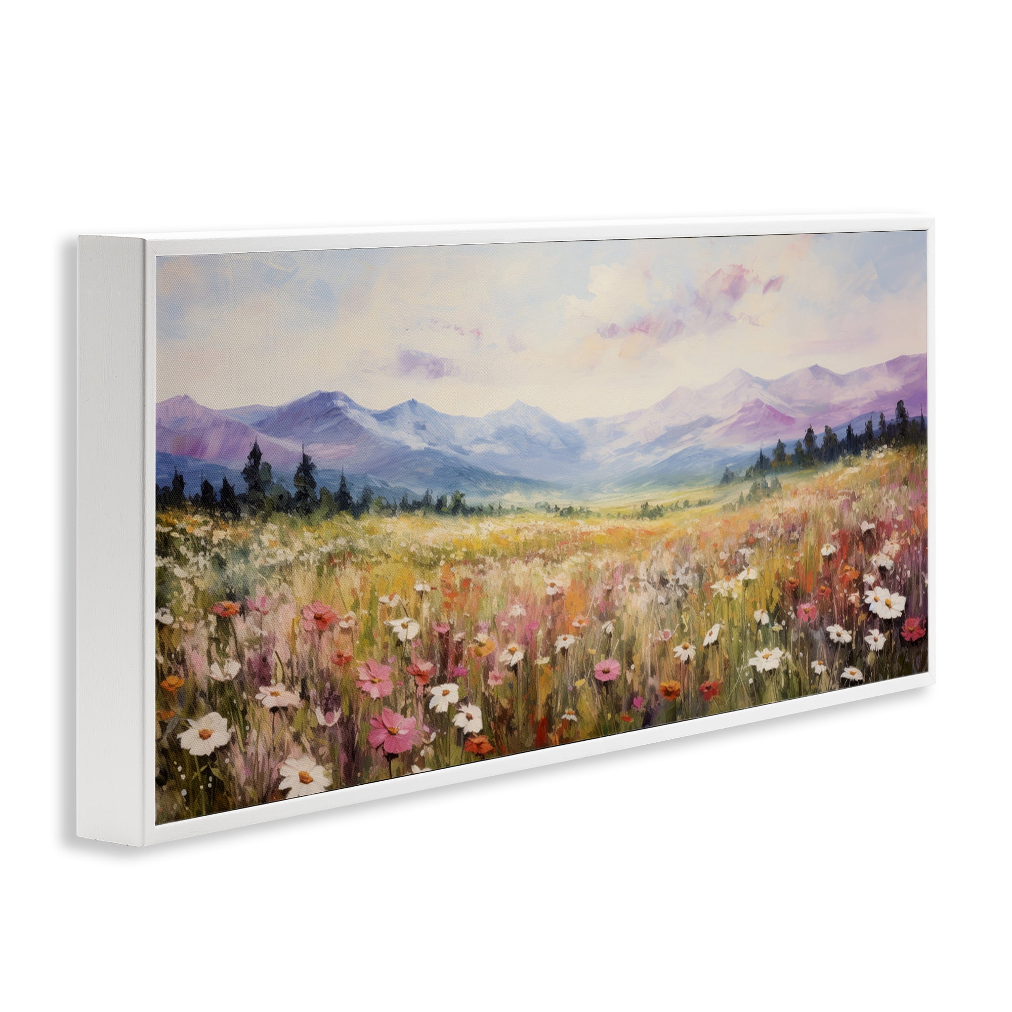 Stupell Industries Mountainous Daisy Meadow Landscape Painting White Framed Art Print Wall Art, 30 x 13