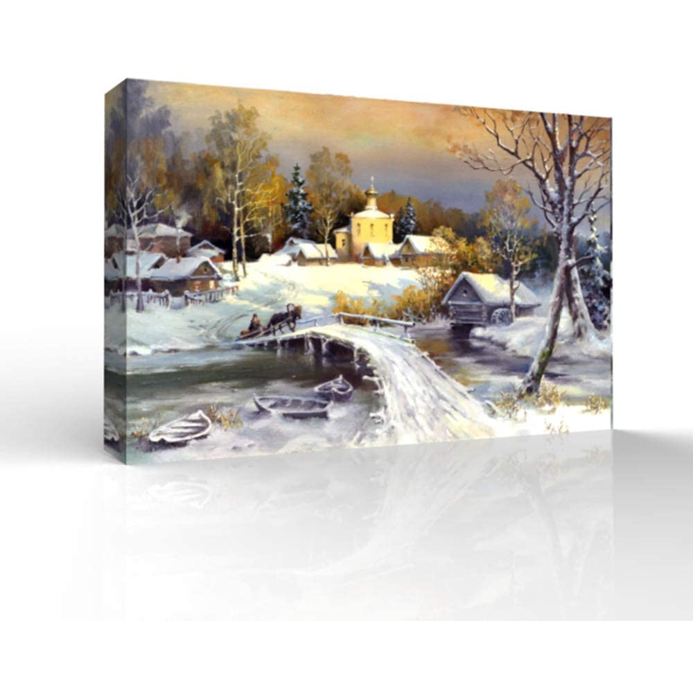 Wall26 Canvas Wall Art Winter Forest Snow Village Oil Painting