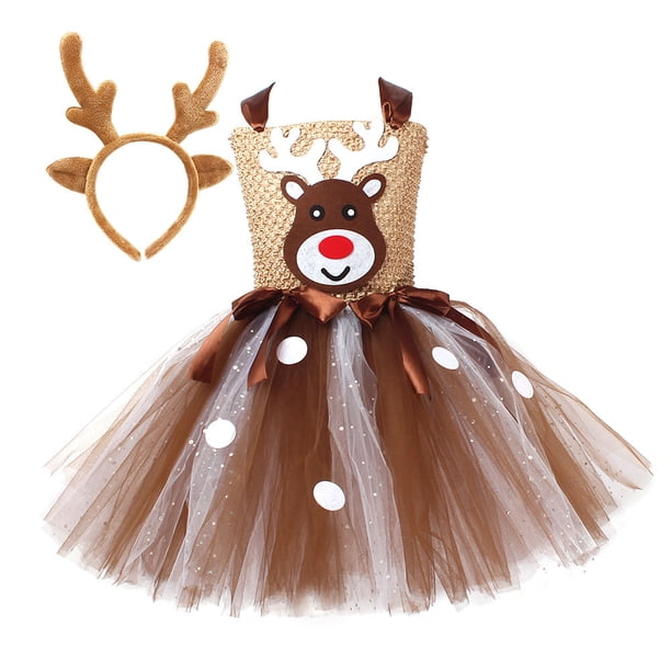 Vestido de niña con diseño de ciervo navideño, bonito vestido de malla brillante con diseño de ciervo de dibujos animados, disfraz de actuación para fiestas