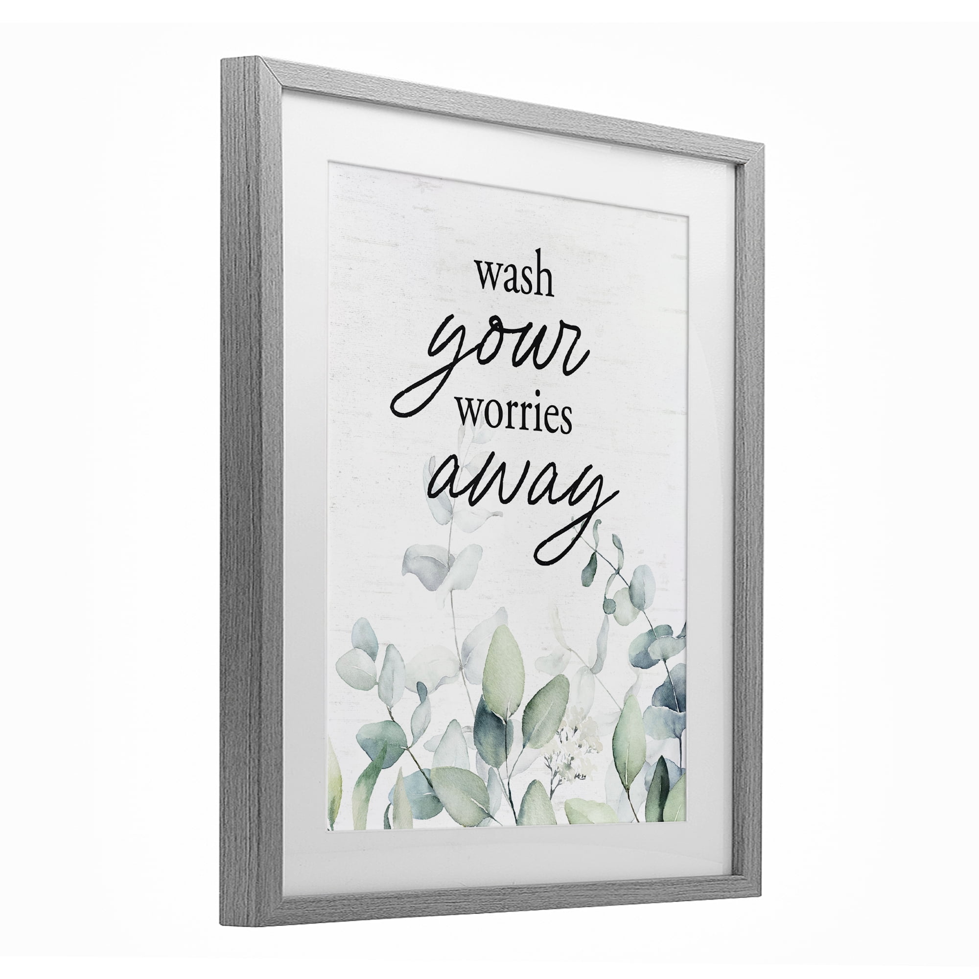 Wash Worries Away Herb Leaves Gray Framed Print Under Glass, design by Lettered and Lined