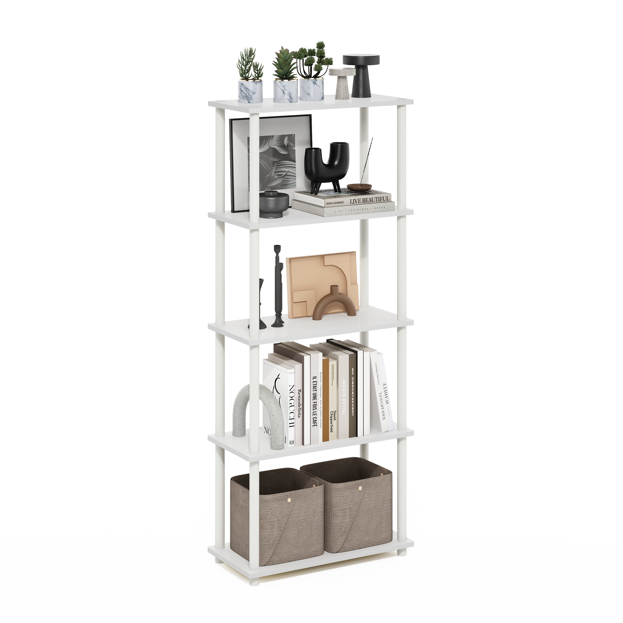 Furinno Rata 5-Tier Industrial Multipurpose Flat Base Shelf Display Rack with Metal Frame, Narrow, Columbia Walnut