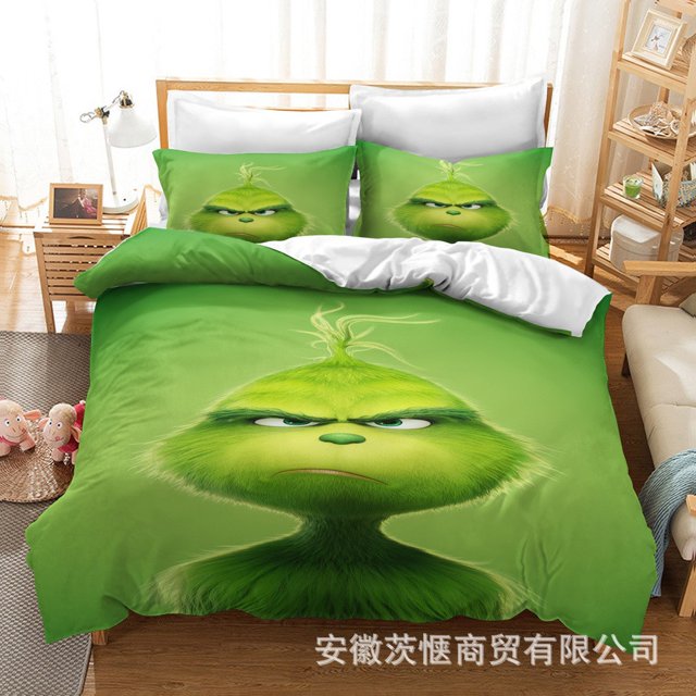 3D Bedding Kit Christmas Green Hair Monster Grinch Quilt Cover Series Digital Printing Cartoon Pillowcase Three-piece Set
