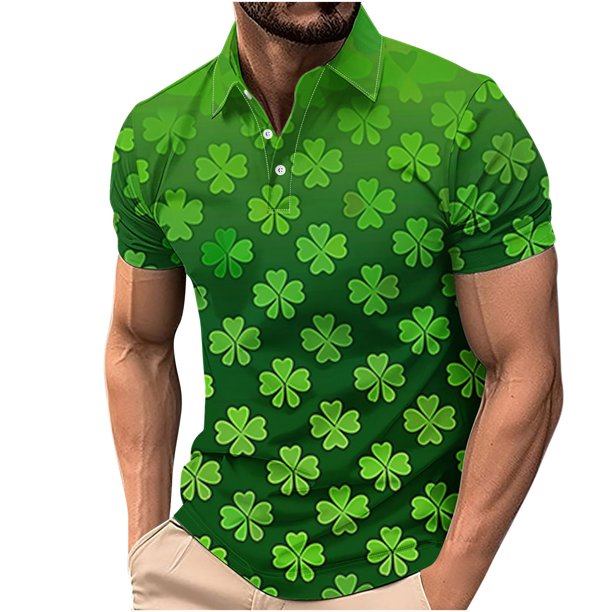 Día de San Patricio de los Hombres Impreso Solapa de Manga Corta, Camisa de Tela de Malla Casual para el Aire Libre Y el Ocio
