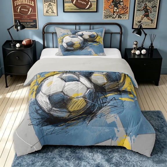 meiyoeat Art Soccer Graffiti Twin Comforter Sets for Boys, Sketch Ball Bedding Set, Grey Blue, Grey Reversible, 2-Piece, 1 Comforter and 1 Pillowcase