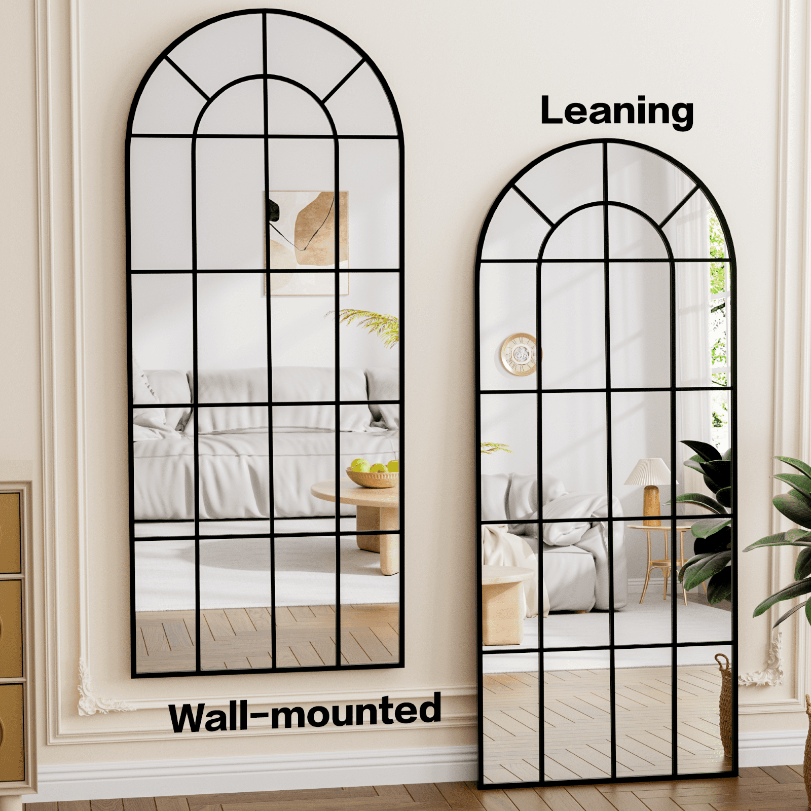SHATTERVIEW 71"x30" Arched Full Length Mirror with Windowpane Wall-Mounted Leaning Mirror, Black