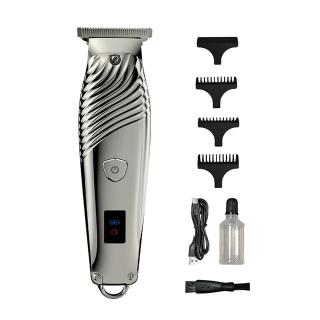 kits para cortar el pelo y la barba regalos para el día de parte de la hija bigote cuerpo estilo b Recortadora inalámbrica estilo B plateada, vista frontal con cuerpo metálico texturizado, botón de encendido y pantalla digital; acompañada a la derecha por cuatro peines guía negros, cable USB, botella de aceite y cepillo de limpieza sobre fondo blanco; adecuada como kit de corte y recorte de barba para regalo.