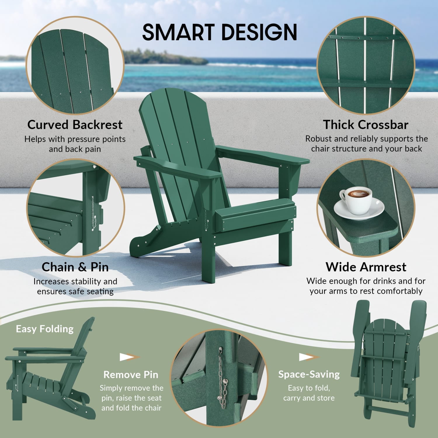 WestinTrends Malibu Outdoor Folding HDPE Adirondack Deck Chair - Patio & Outdoor Lounge, Weather‑Resistant, Dark Green