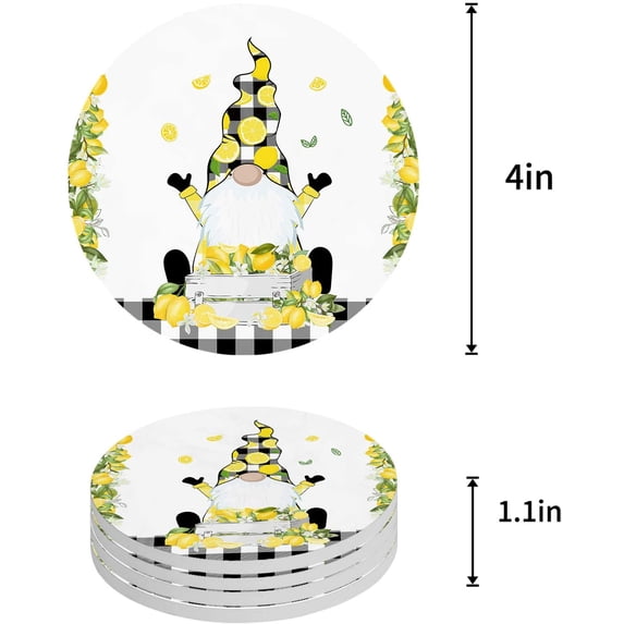 FMSHPON Gnome and Summer Lemon Black Checkered Plaid Set of 6 Round Coaster for Drinks, Absorbent Ceramic Stone Coasters Cup Mat with Cork Base for Home Kitchen Room Coffee Table Bar Decor
