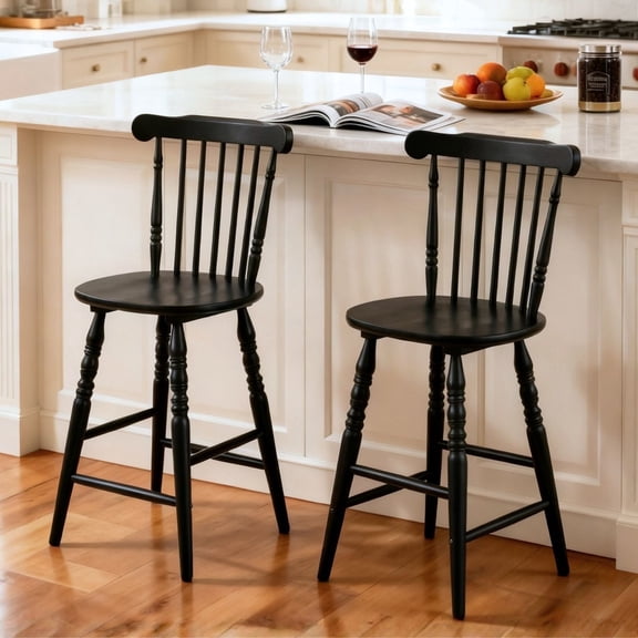 Dayalane Antique-Style Windsor Bar Stools Set of 2, 24" Counter Height Barstools with Spindle Back & Turned Legs, Rustic Vintage Colonial Wooden Island Chair for Kitchen Breakfast Bar Home Pub, Black