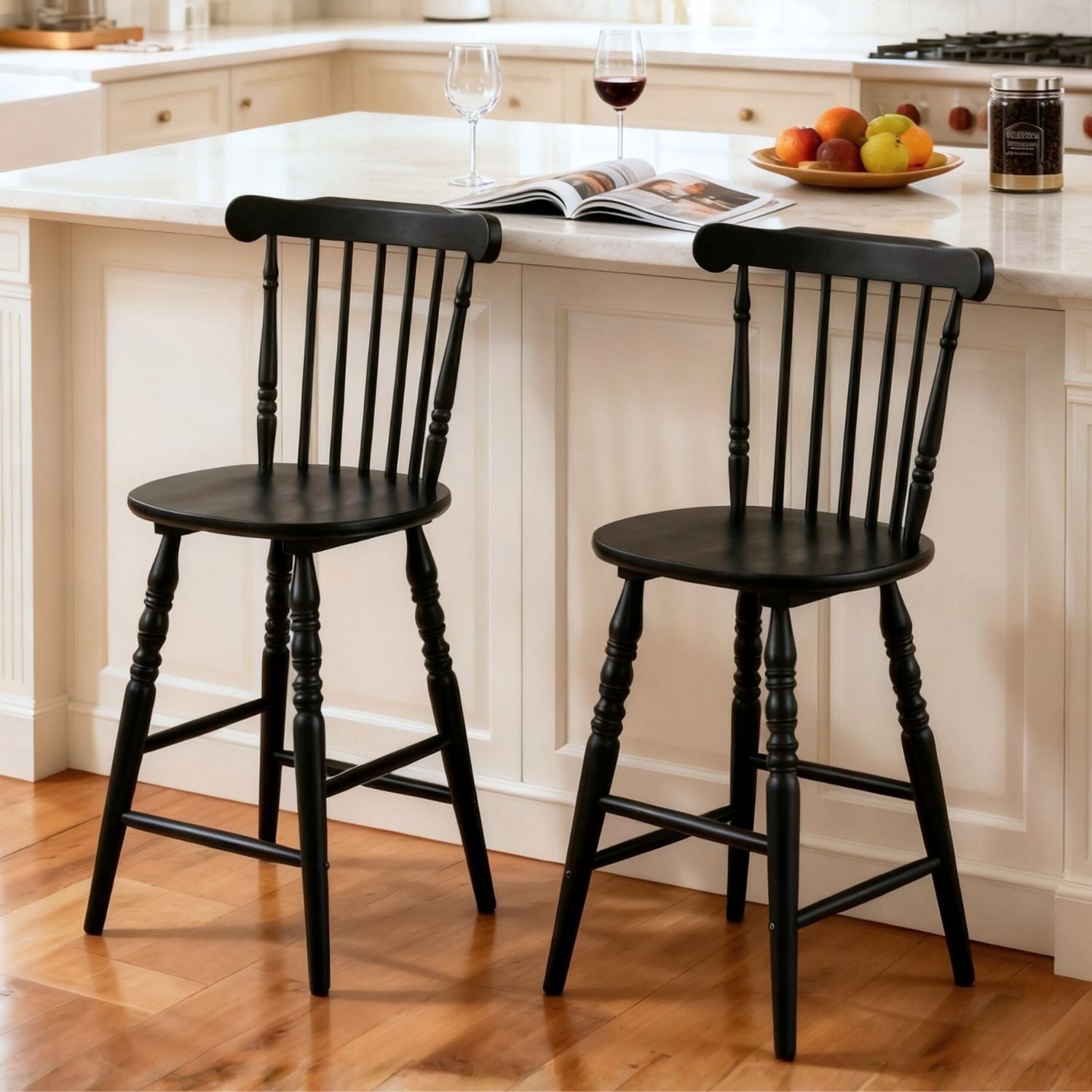 Dayalane Antique-Style Windsor Bar Stools Set of 2, 24" Counter Height Barstools with Spindle Back & Turned Legs, Rustic Vintage Colonial Wooden Island Chair for Kitchen Breakfast Bar Home Pub, Black