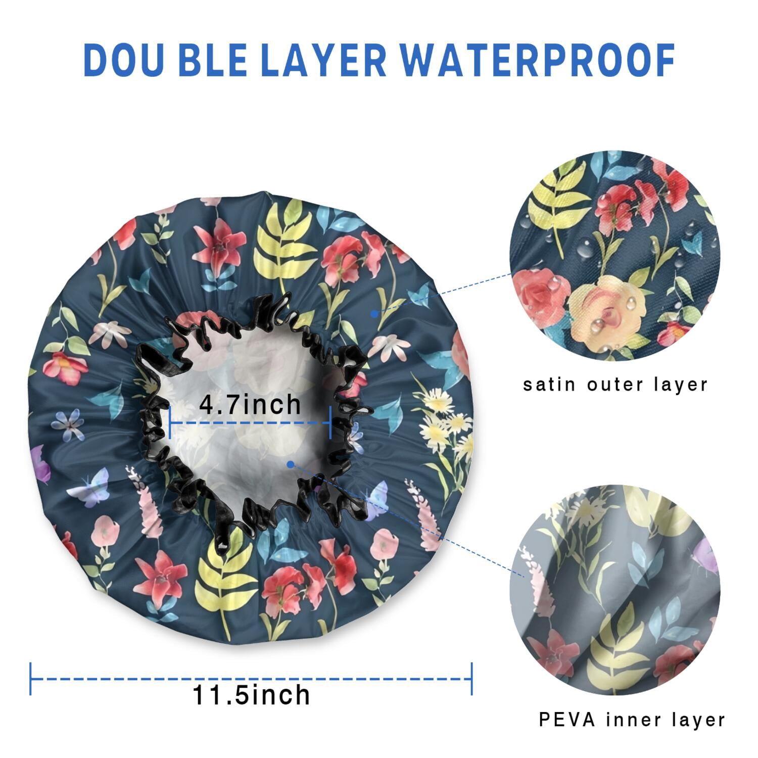 Shower Caps,Pioneer Flower Floral Print Pattern Waterproof Shower Cap for Women 4 Pieces,Double Reusable Hair Cover for Shower PEVA Elastic Stretch Hem