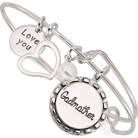 Sterling Silver Antiqued Syn. Pearl Godmother Charm Adjustable Bangle (Width 1.5) (Length 8) - Jbsp