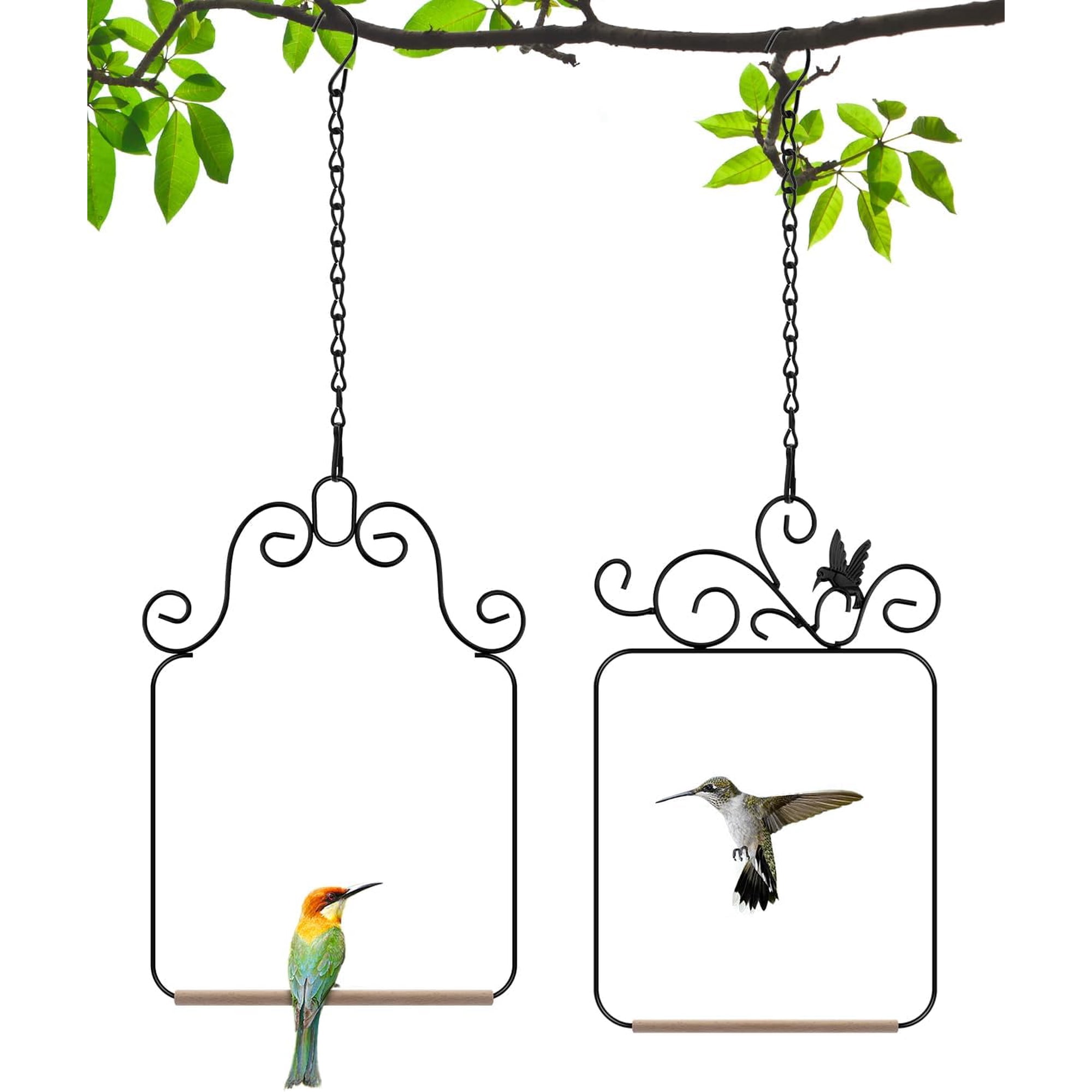 ACDANC Hummingbird Swings and Perches Metal Frame 2 Pack, Wild Bird Swing Outdoor Bird Perch with Wooden Dowel and 2 Hanging Chain for Hanging Indoor, Outdoor, Trunk, Lawn, Patio, Garden (Black)