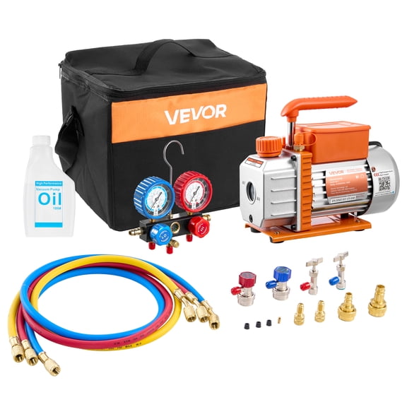 VEVOR AC Vacuum Pump and Gauge Set, 3.5 CFM 1/4 HP, Single Stage Rotary Vane HVAC Vacuum Pump, A/C Manifold Gauge Kit, for R134a R22 R410a R1234YF R32, with Carry Bag, for Auto HVAC Air Conditioning