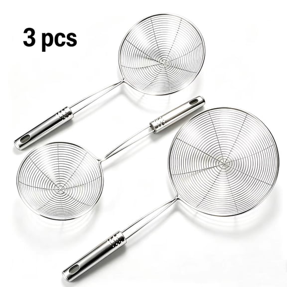 Vruelia Extra Large Spider Strainer Skimmer Spoon for Frying and Cooking - Set of 3 Stainless Steel Wire Pasta Strainer with Long Handle, Professional Kitchen Skimmer Ladle
