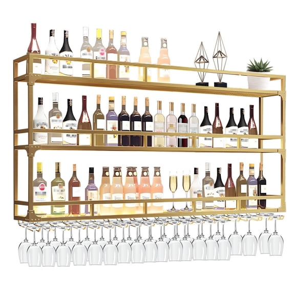 71in Metal Wine Rack Wall Mounted, Wall Bar Shelves for Liquor Bottles with LED Light, 3 Tier Large Capacity Liquor Rack Wall Mounted with Glass Holder for Home Bar & Dining Room