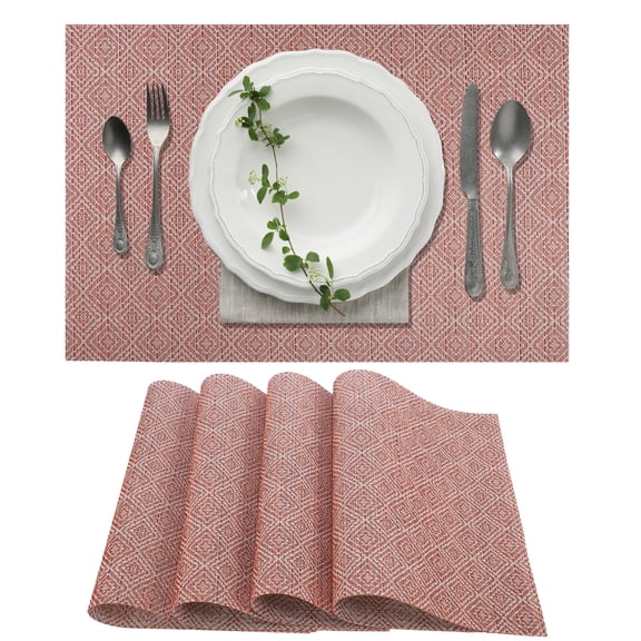 Unique Bargains 4 Pcs Diamond Pattern Polyester Heat Resistant Washable Placemats Red