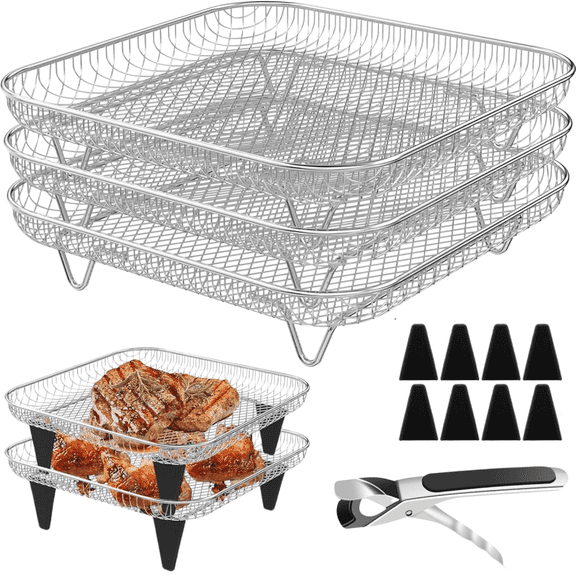 3pcs Stackable Air Fryer Racks with 8 Silicone Foot Covers, 8 inch Rectangle Stainless Steel Air Fryer Accessories