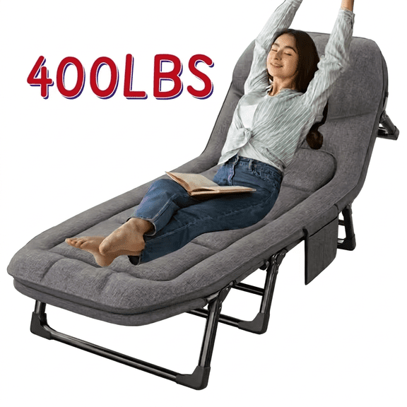400LBS Padded Folding Camping Lounge Chair, Heavy‑Duty Recliner Cot with Side Pocket for Patio Beach Camping